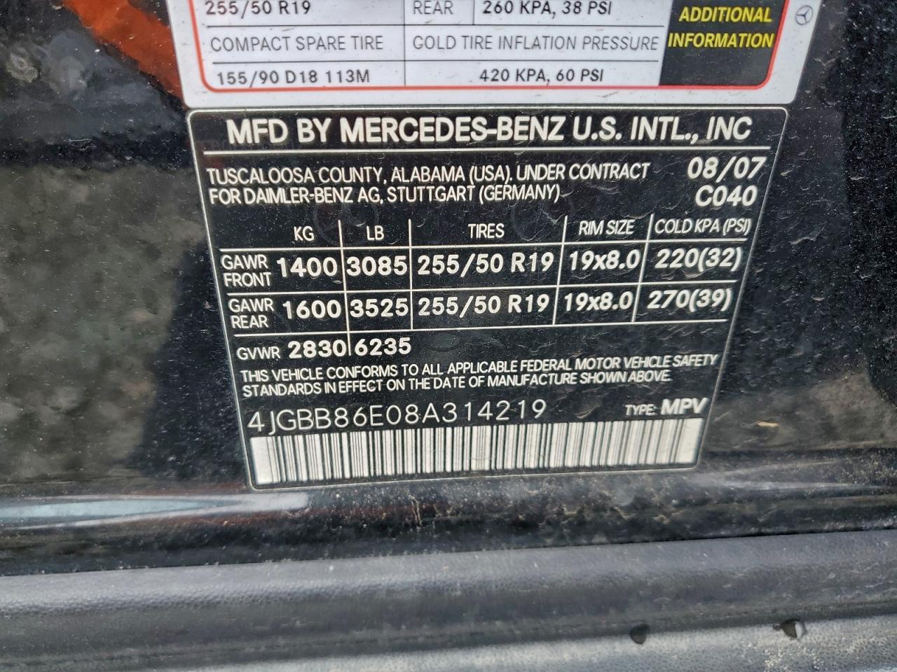 2008 Mercedes-Benz Ml 350 VIN: 4JGBB86E08A314219 Lot: 93073615