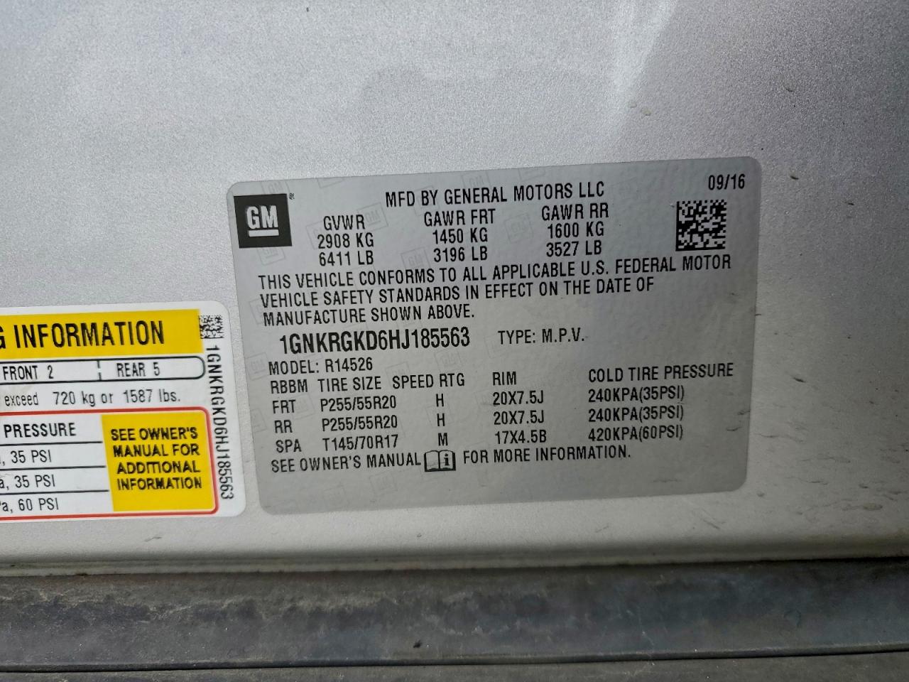 2017 Chevrolet Traverse Lt VIN: 1GNKRGKD6HJ185563 Lot: 93946975