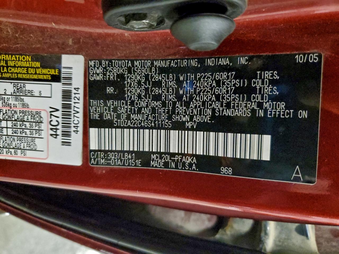 2006 Toyota Sienna Xle VIN: 5TDZA22C46S411155 Lot: 93560005