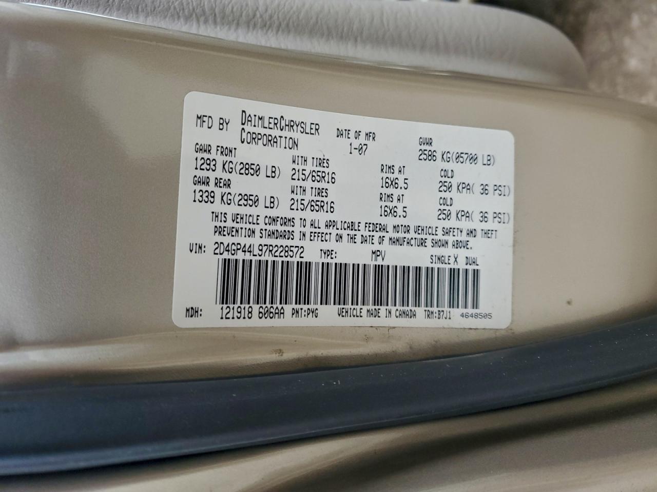 2007 Dodge Grand Caravan Sxt VIN: 2D4GP44L97R228572 Lot: 93635545