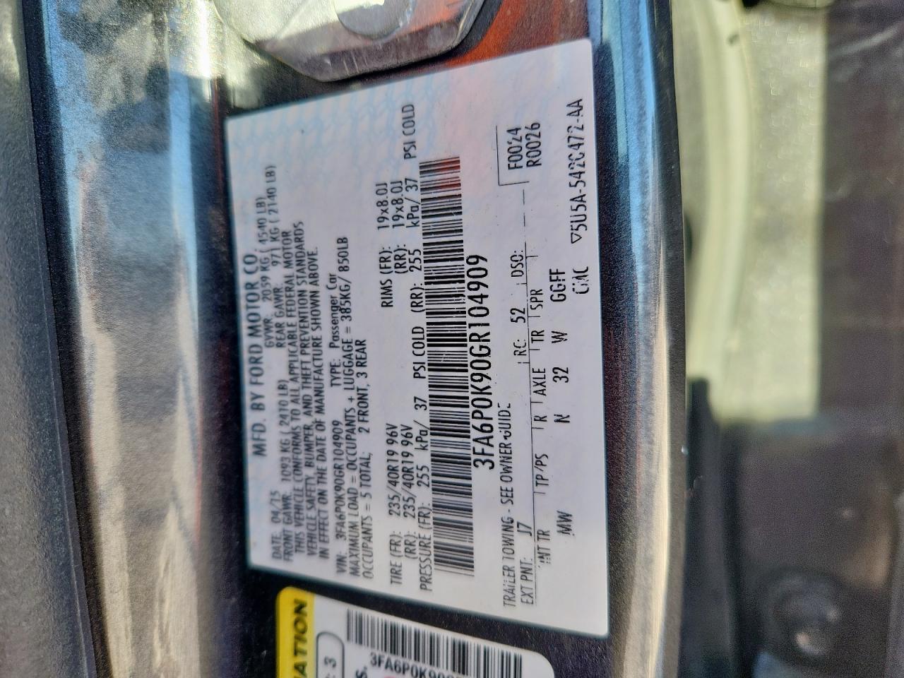 2016 Ford Fusion Titanium VIN: 3FA6P0K90GR104909 Lot: 92049535