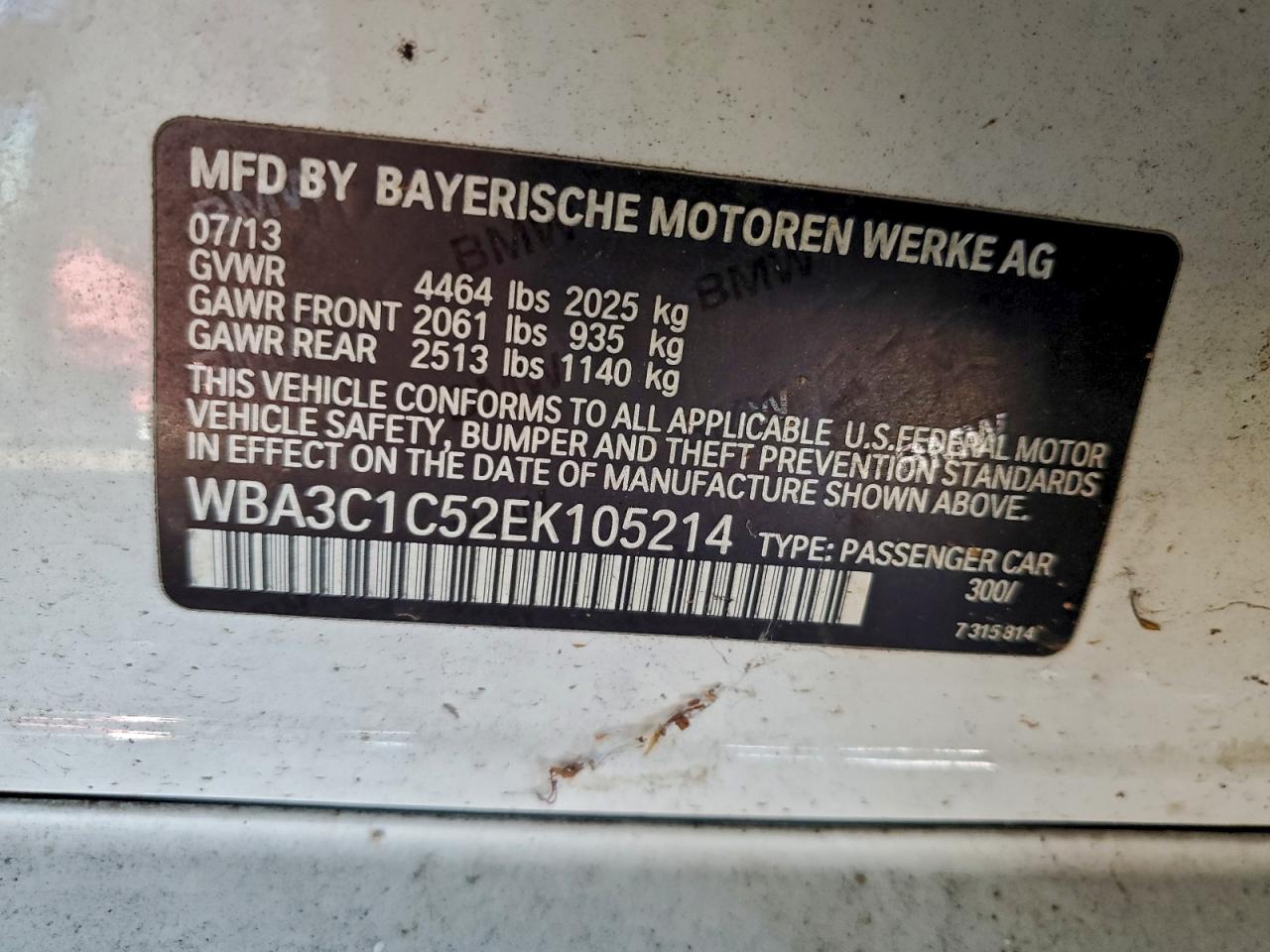 2014 BMW 328 I Sulev VIN: WBA3C1C52EK105214 Lot: 93557705