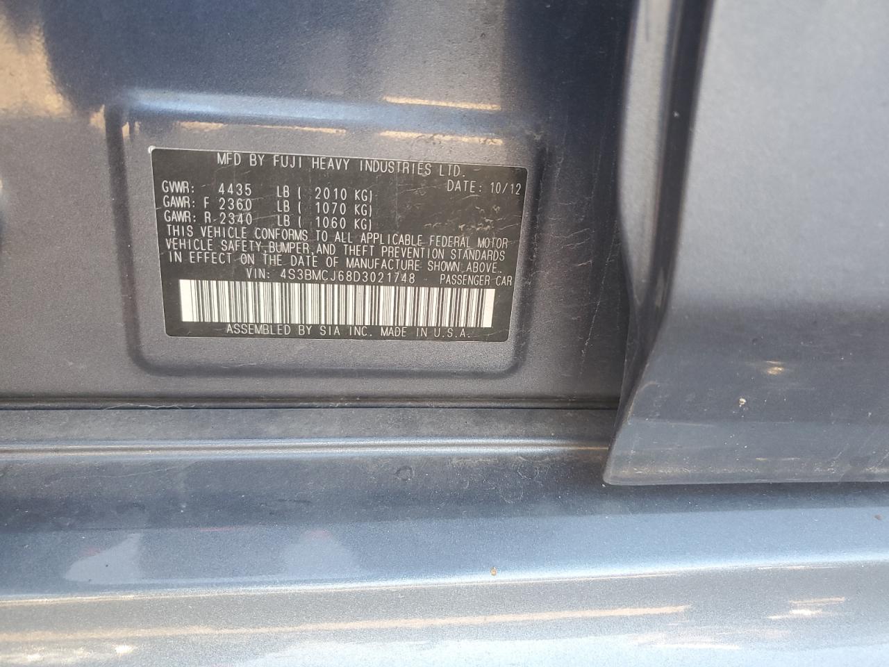 2013 Subaru Legacy 2.5I Limited VIN: 4S3BMCJ68D3021748 Lot: 90342065