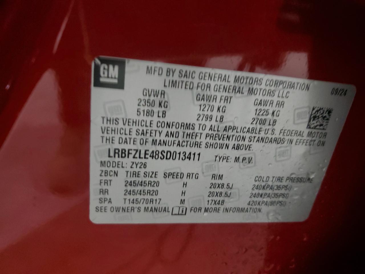 2025 Buick Envision Sport Touring VIN: LRBFZLE48SD013411 Lot: 93290185