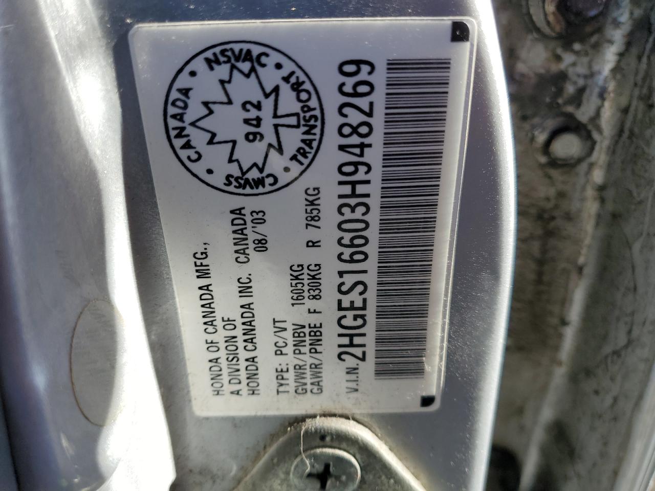 2003 Honda Civic Lx VIN: 2HGES16603H948269 Lot: 93695835