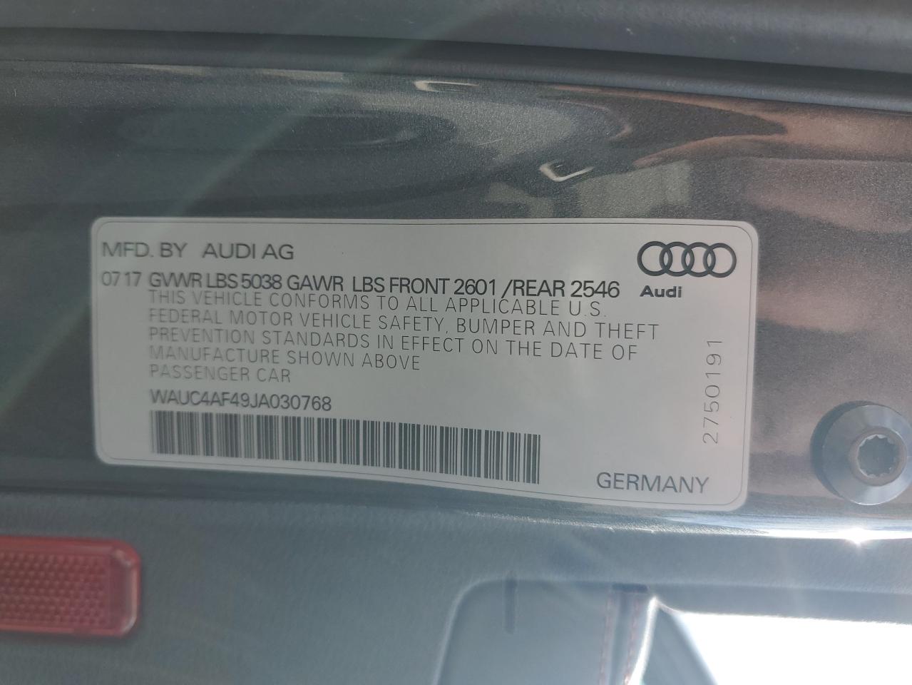 2018 Audi S4 Prestige VIN: WAUC4AF49JA030768 Lot: 93544355