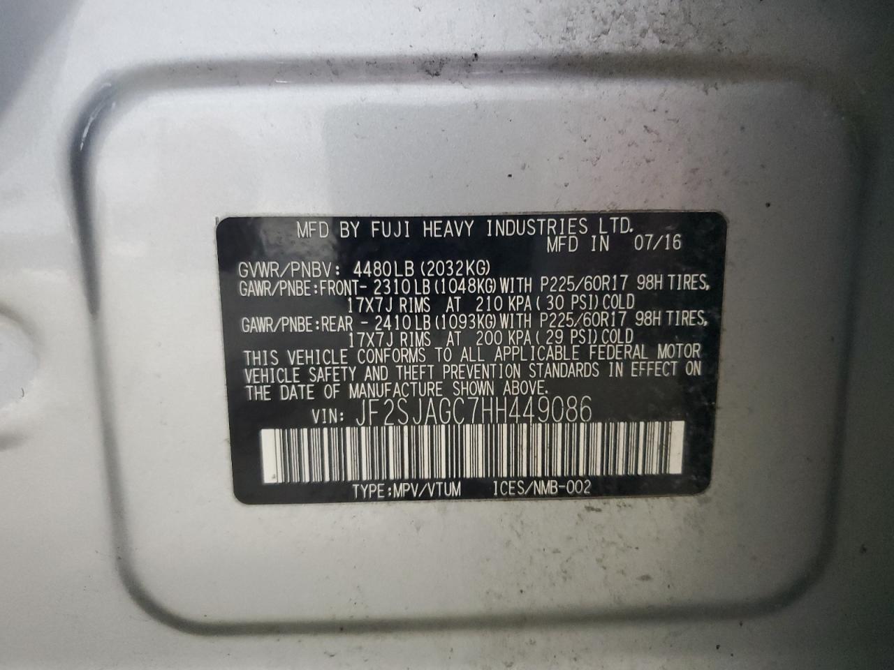 2017 Subaru Forester 2.5I Premium VIN: JF2SJAGC7HH449086 Lot: 92086525