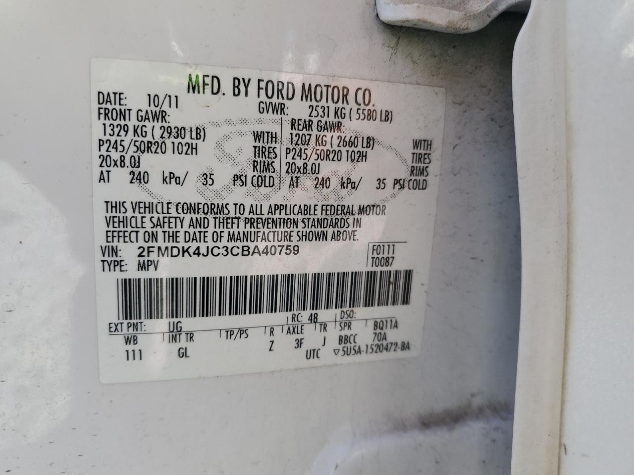 2012 Ford Edge Sel VIN: 2FMDK4JC3CBA40759 Lot: 91613975