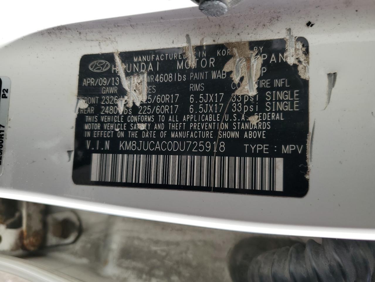 2013 Hyundai Tucson Gls VIN: KM8JUCAC0DU725918 Lot: 93248505