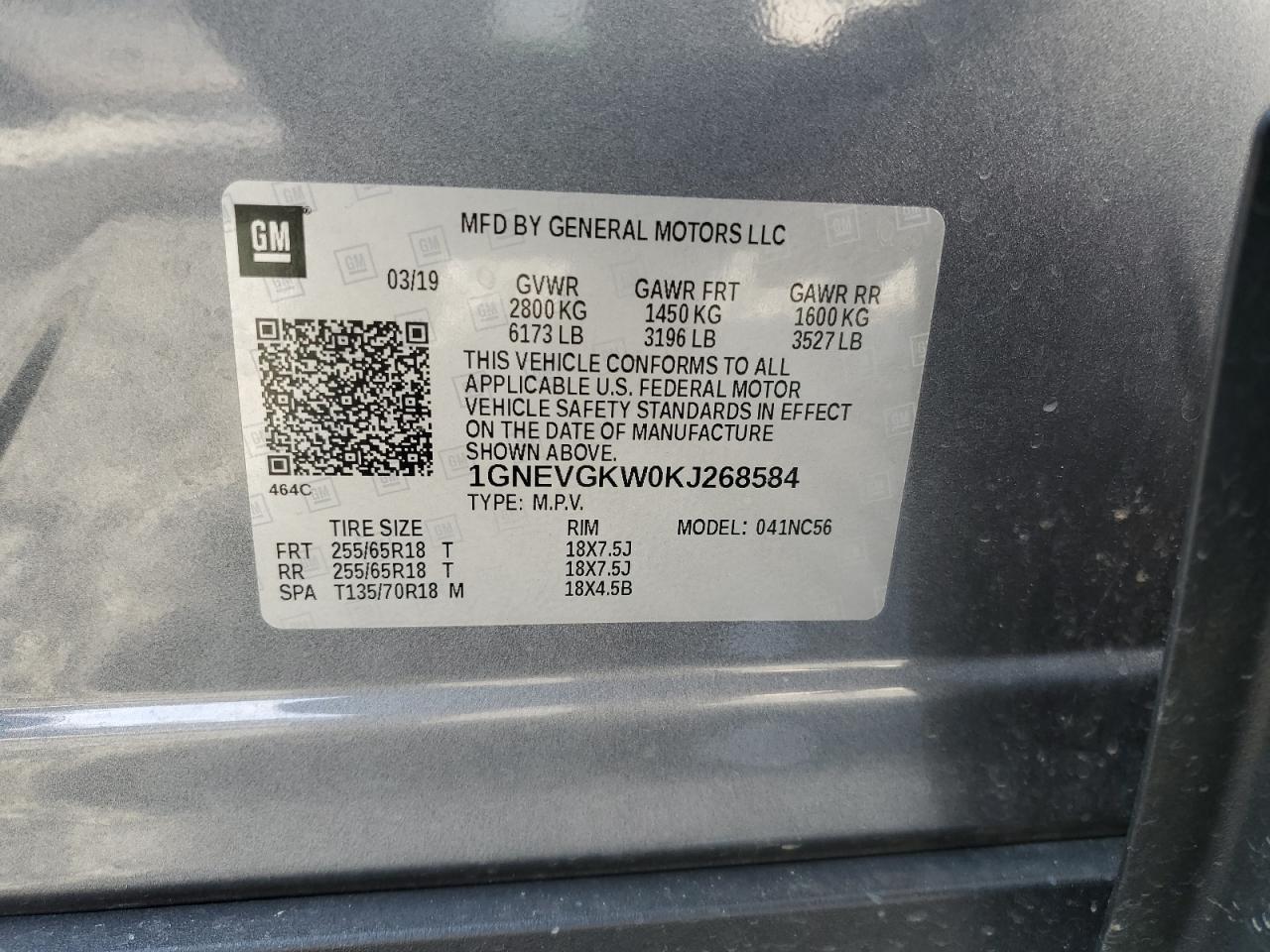 2019 Chevrolet Traverse Lt VIN: 1GNEVGKW0KJ268584 Lot: 93806845