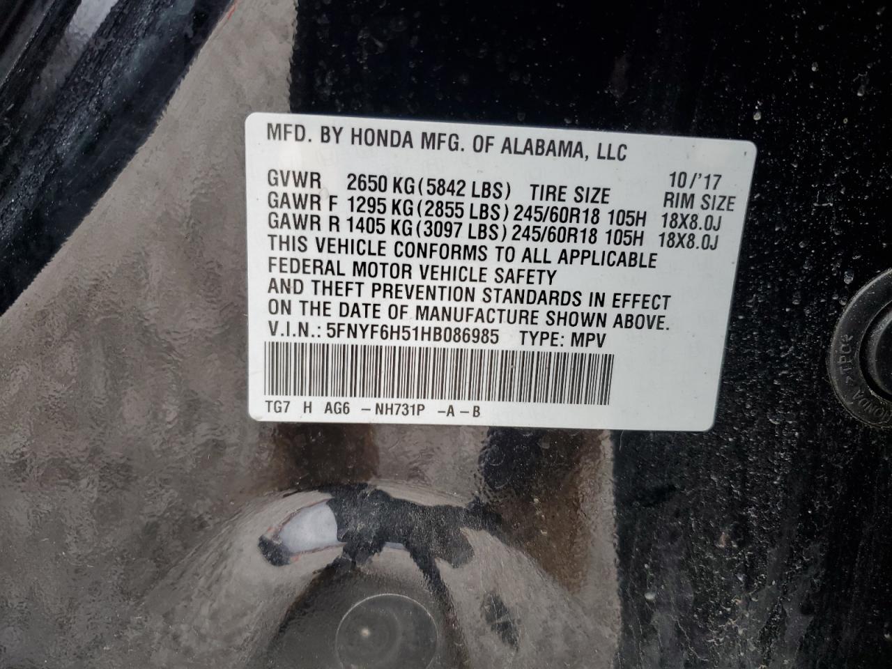 2017 Honda Pilot Exl VIN: 5FNYF6H51HB086985 Lot: 91503215