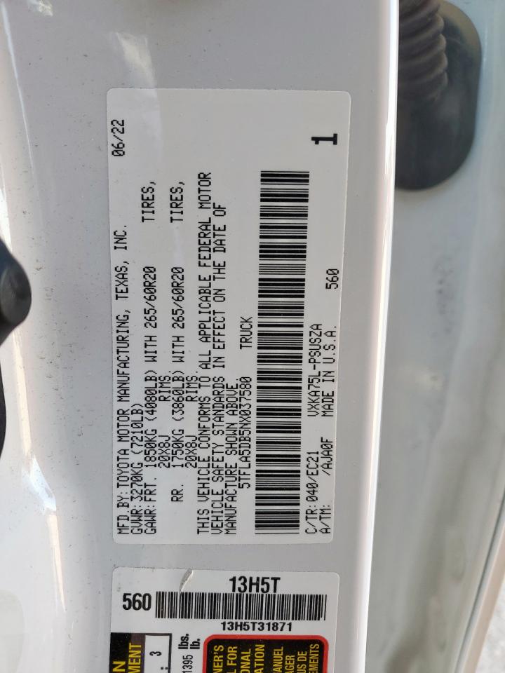 2022 Toyota Tundra Crewmax Sr VIN: 5TFLA5DB5NX037580 Lot: 92224965