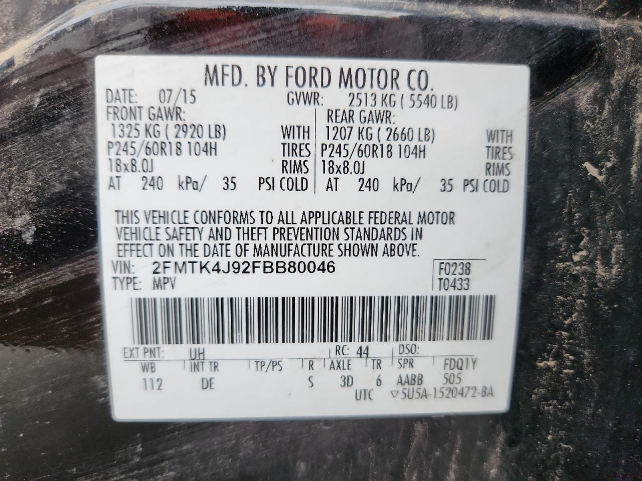 2015 Ford Edge Sel VIN: 2FMTK4J92FBB80046 Lot: 93251005