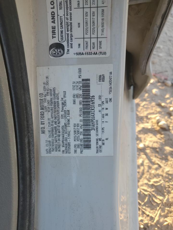 2012 Ford Fusion Sel VIN: 3FAHP0JAXCR316926 Lot: 93245625