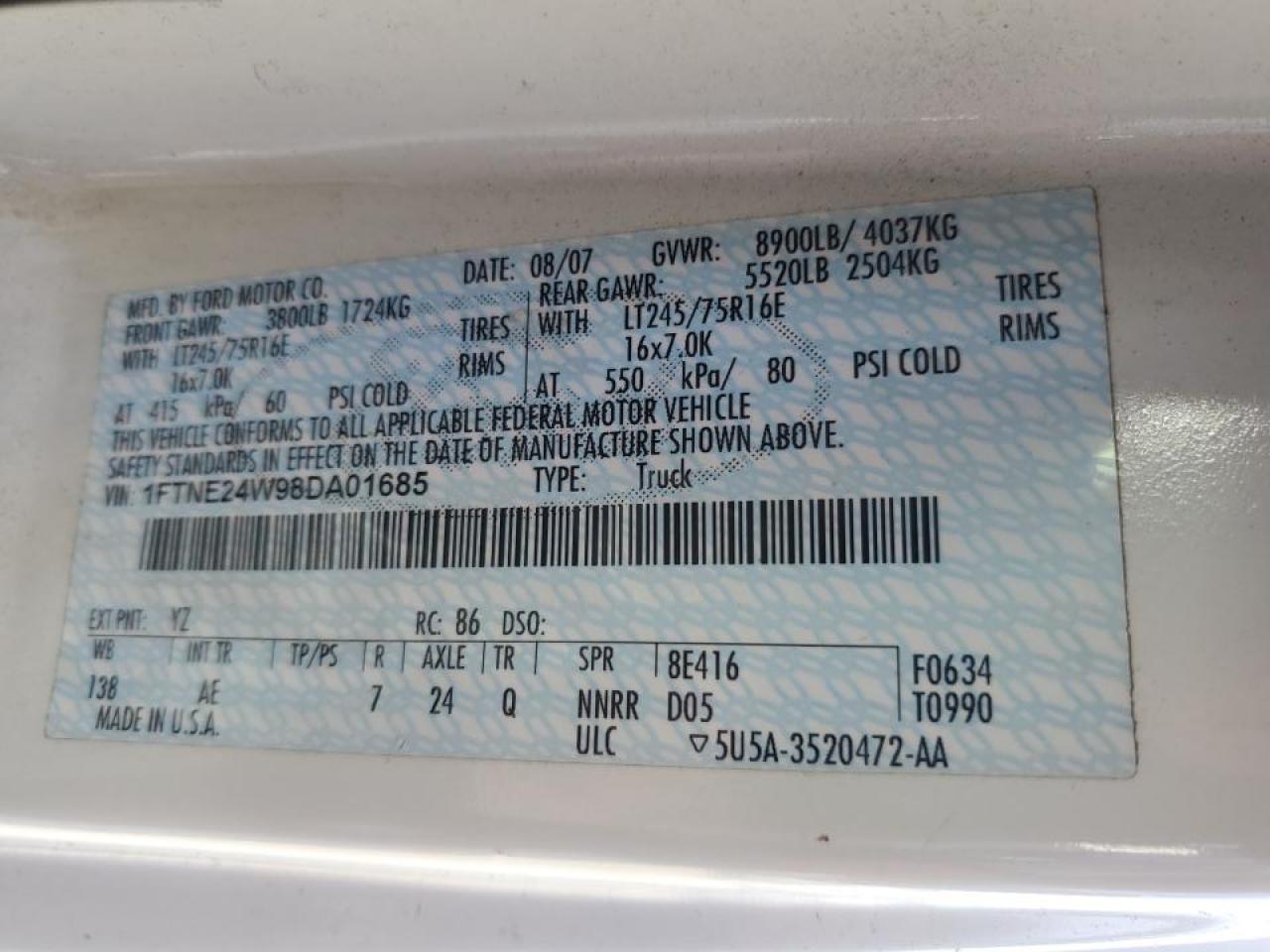 2008 Ford E250 Delivery Van VIN: 1FTNE24W98DA01685 Lot: 93727175