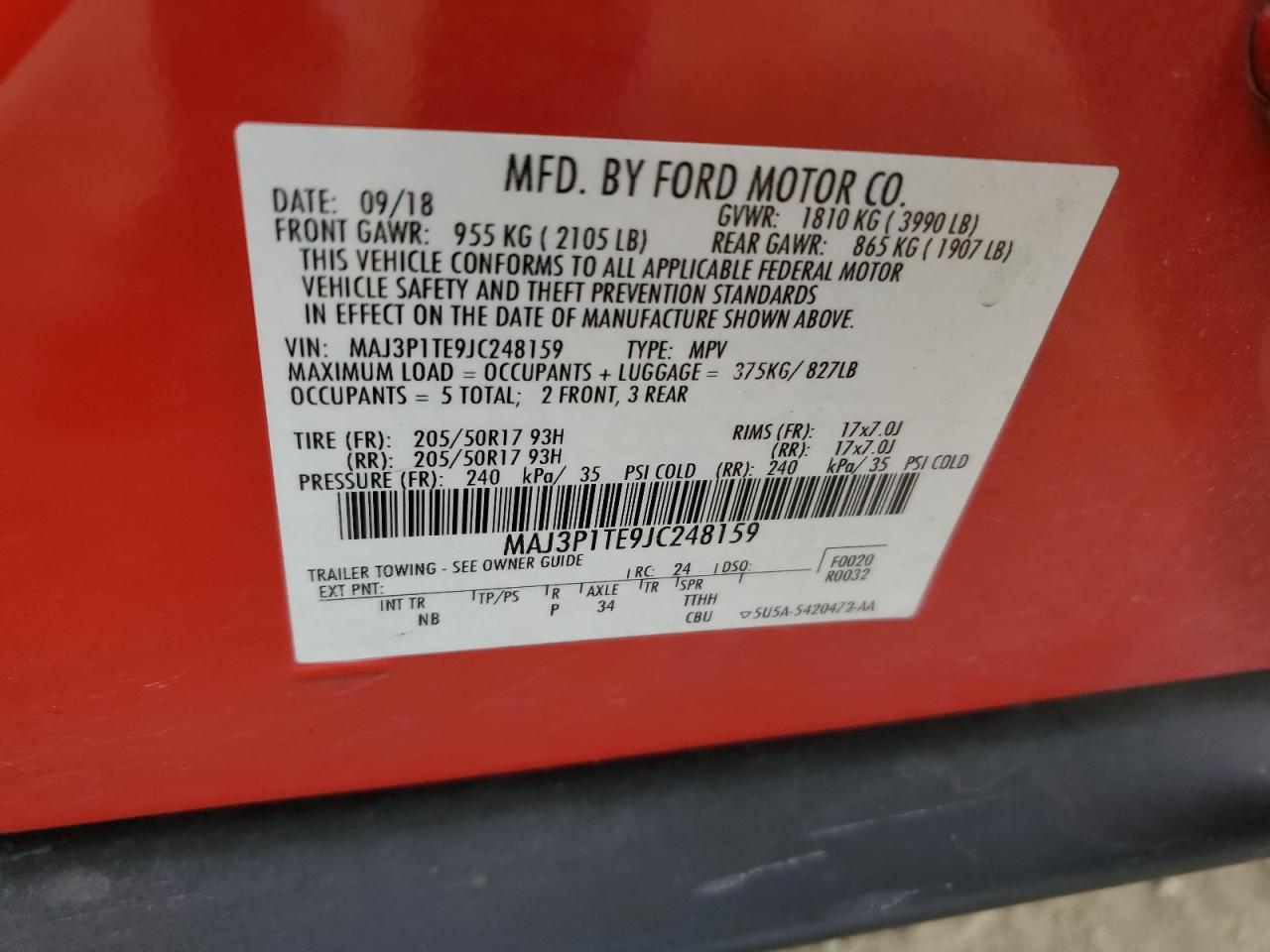 2018 Ford Ecosport Se VIN: MAJ3P1TE9JC248159 Lot: 92982585