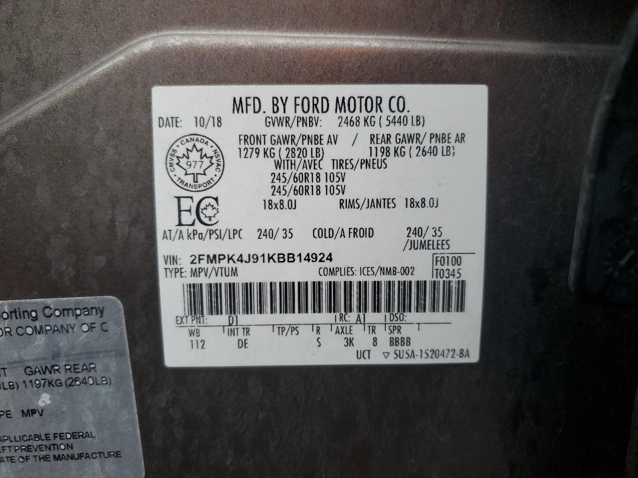 2019 Ford Edge Sel VIN: 2FMPK4J91KBB14924 Lot: 93304985