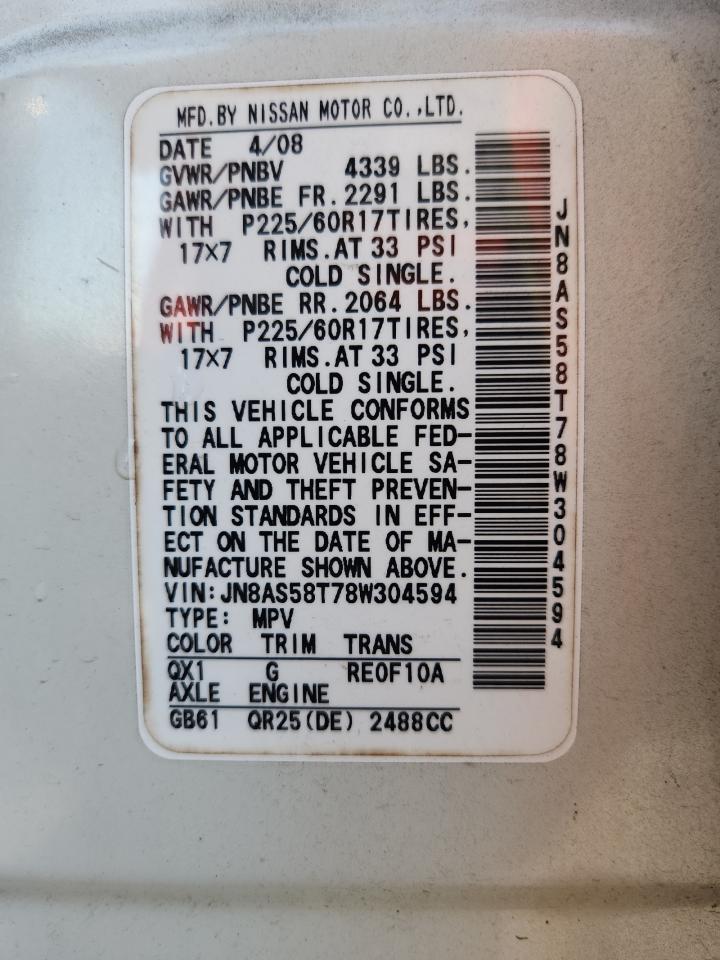 2008 Nissan Rogue S VIN: JN8AS58T78W304594 Lot: 93627295