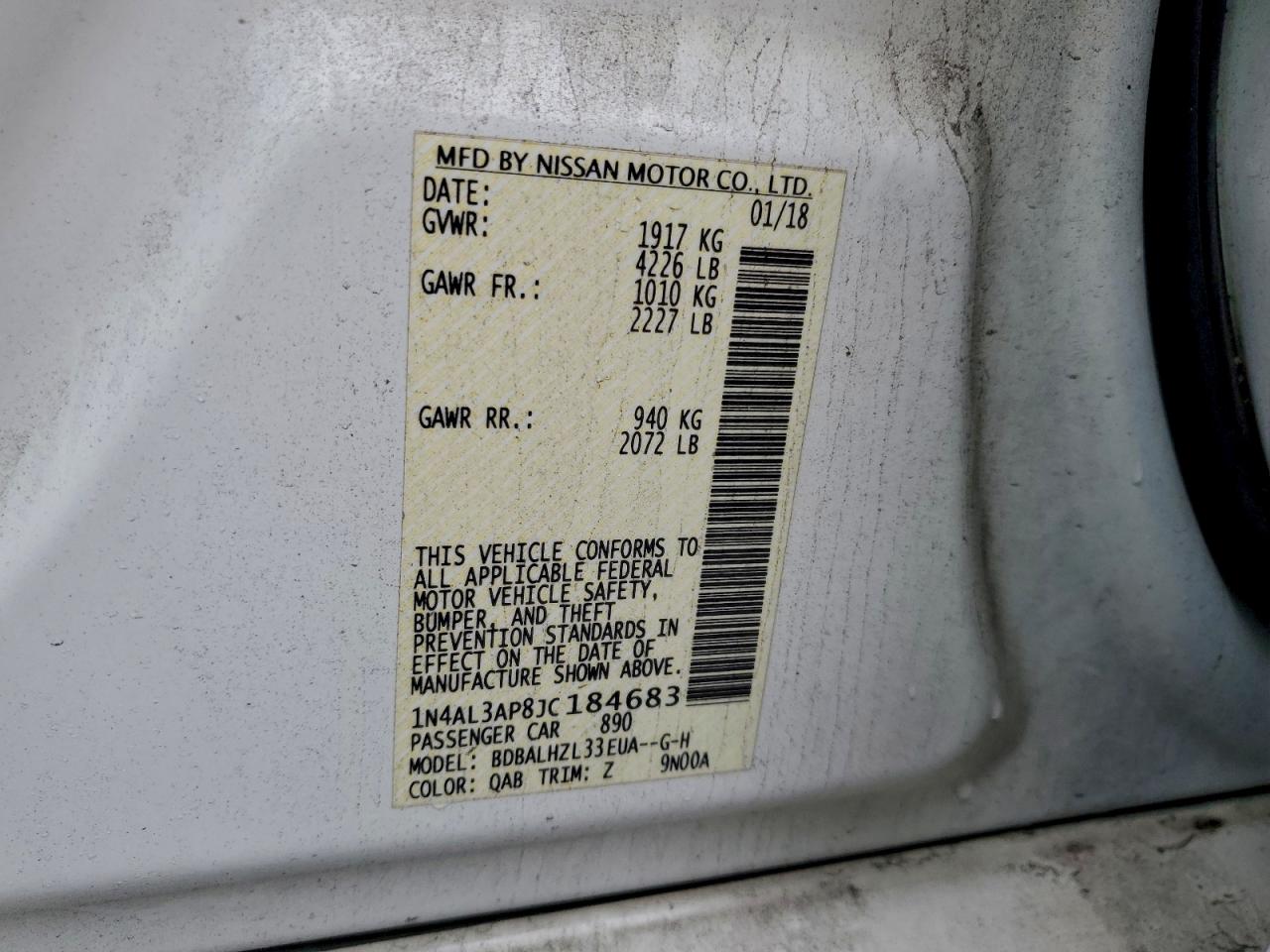 2018 Nissan Altima 2.5 VIN: 1N4AL3AP8JC184683 Lot: 94196035