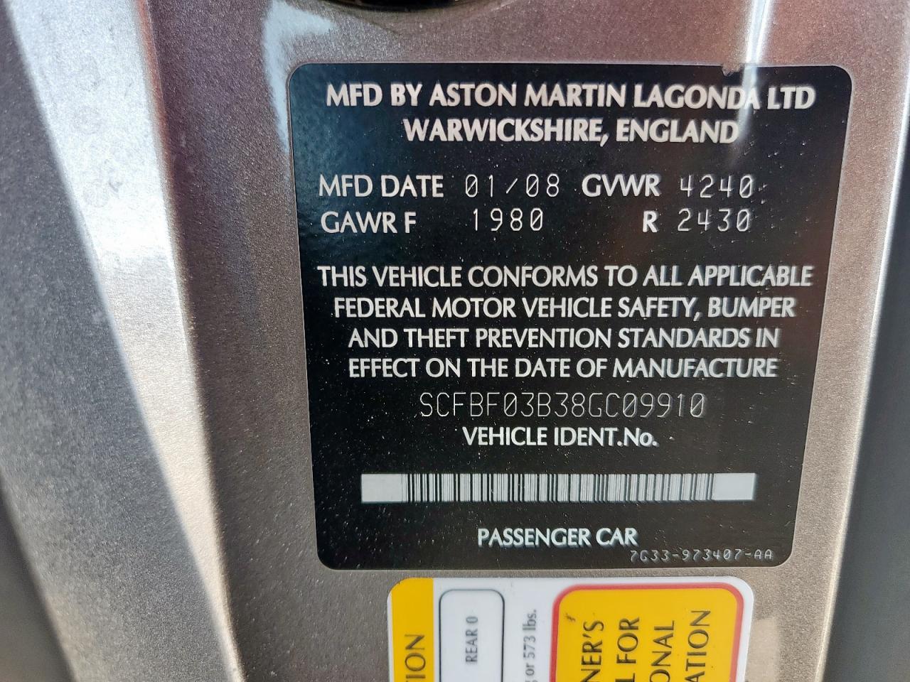 2008 Aston Martin V8 Vantage VIN: SCFBF03B38GC09910 Lot: 91317535