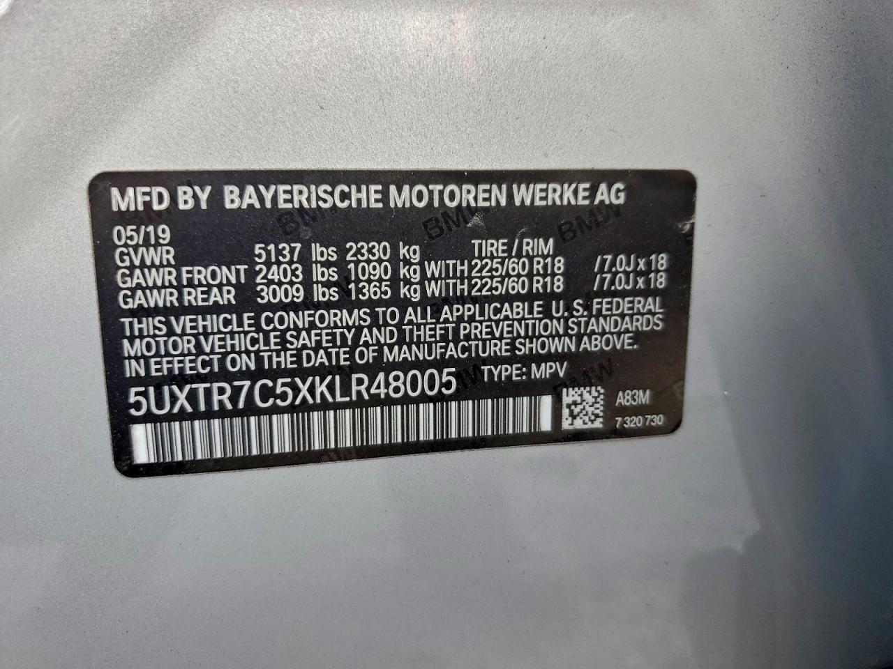 2019 BMW X3 Sdrive30I VIN: 5UXTR7C5XKLR48005 Lot: 94135985