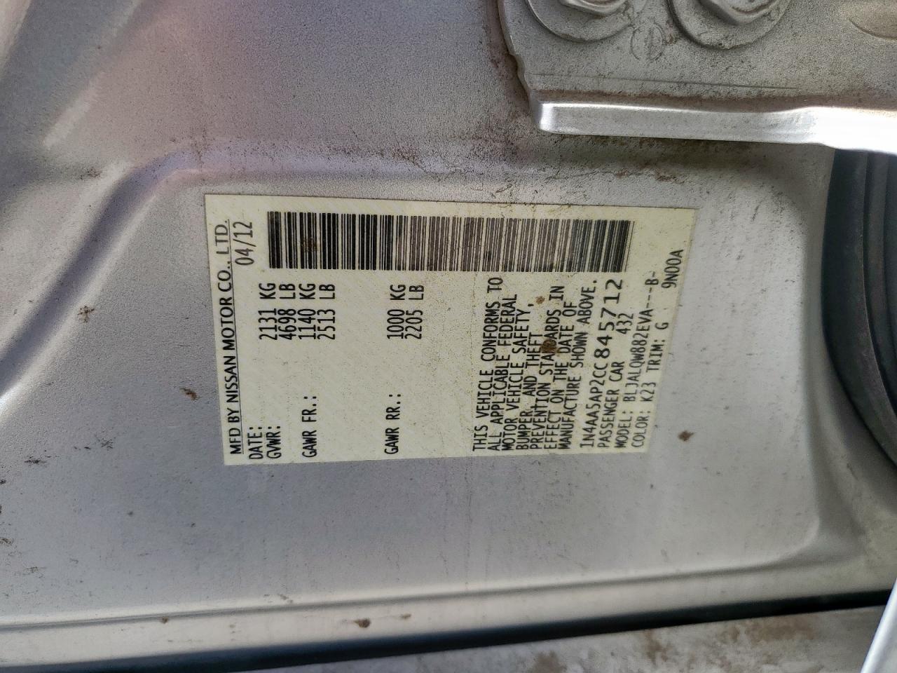 2012 Nissan Maxima S VIN: 1N4AA5AP2CC845712 Lot: 93339765