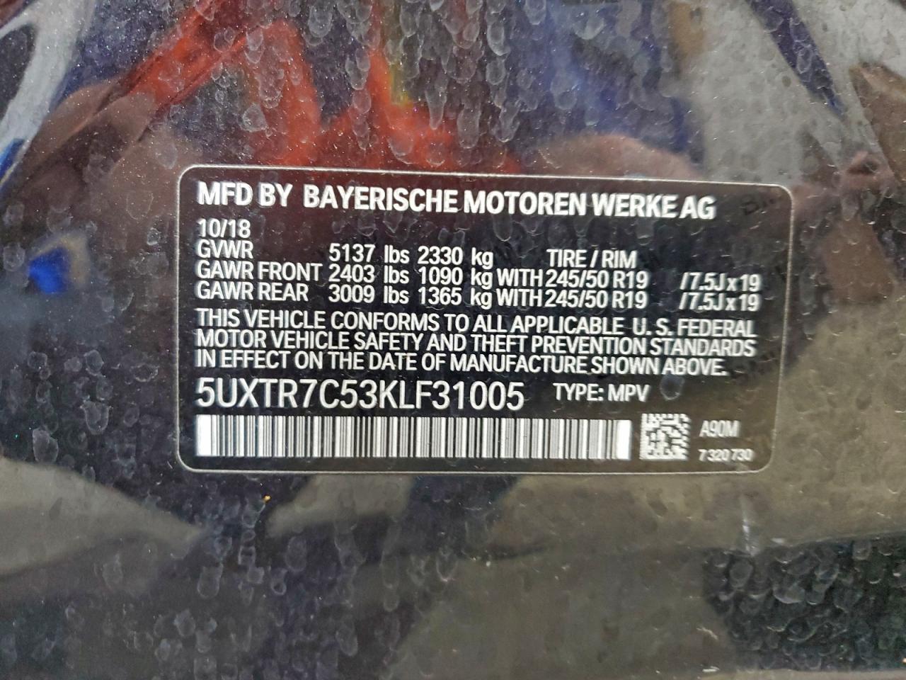 2019 BMW X3 Sdrive30I VIN: 5UXTR7C53KLF31005 Lot: 94469225