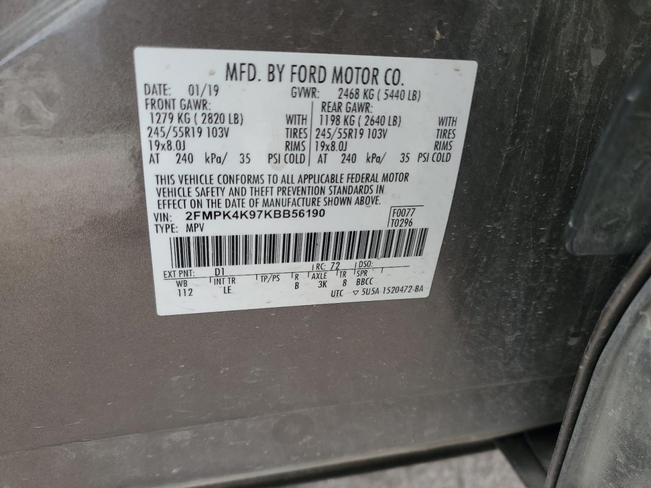 2019 Ford Edge Titanium VIN: 2FMPK4K97KBB56190 Lot: 93020255