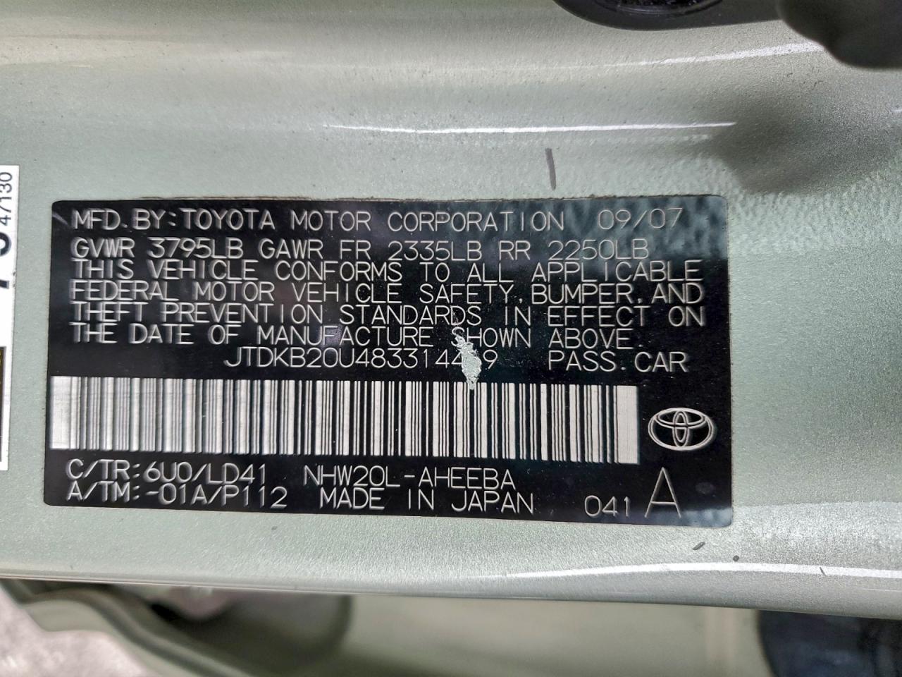 2008 Toyota Prius VIN: JTDKB20U483314469 Lot: 93835255