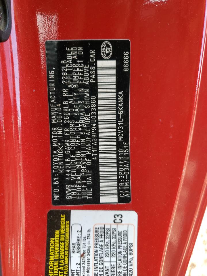 2004 Toyota Camry Solara Se VIN: 4T1FA38P94U033860 Lot: 91810055