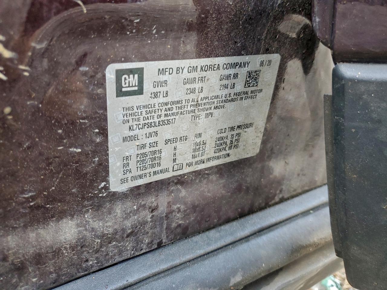 2020 Chevrolet Trax 1Lt VIN: KL7CJPSB3LB353517 Lot: 94520075