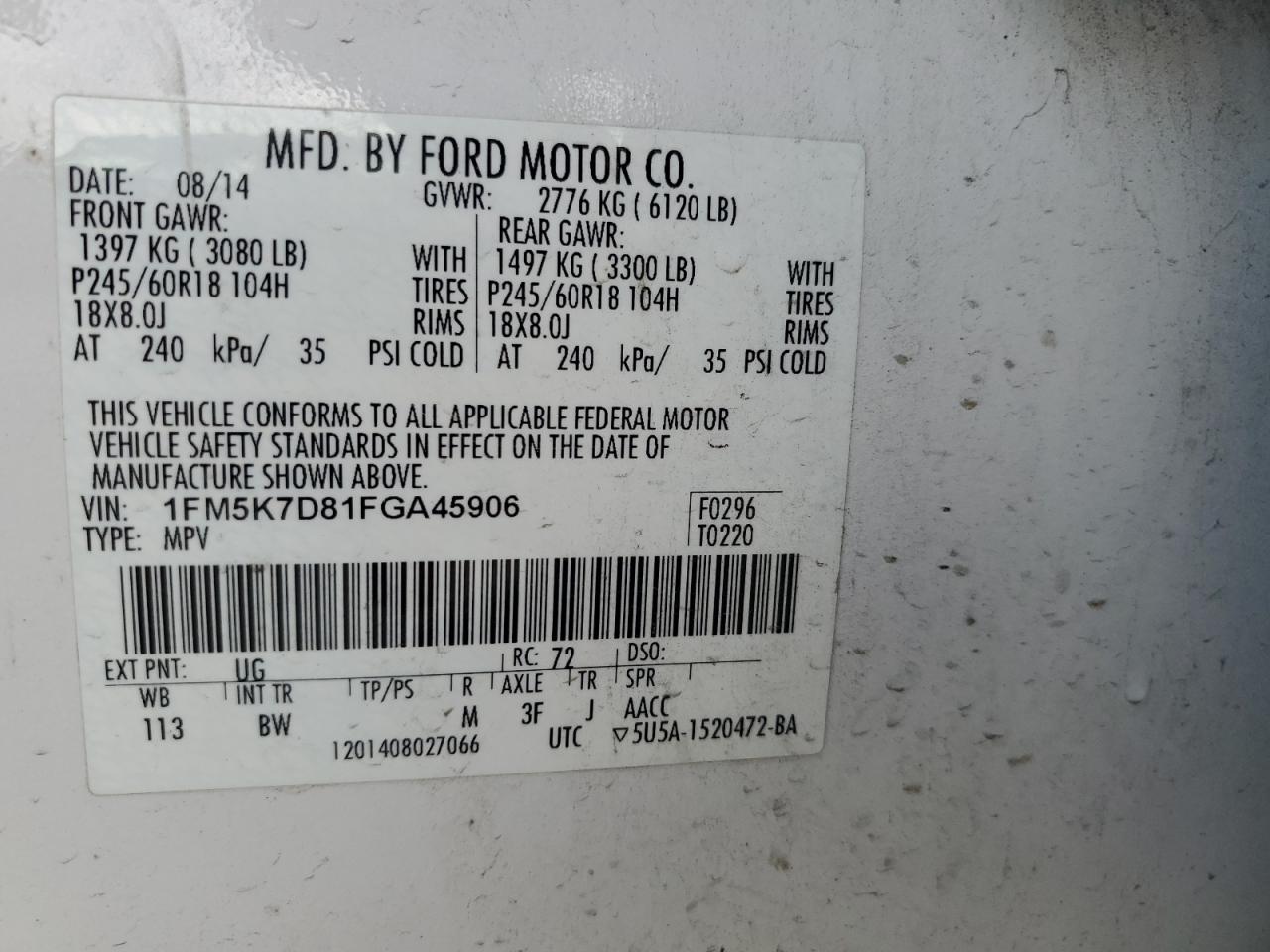 2015 Ford Explorer Xlt VIN: 1FM5K7D81FGA45906 Lot: 93553595