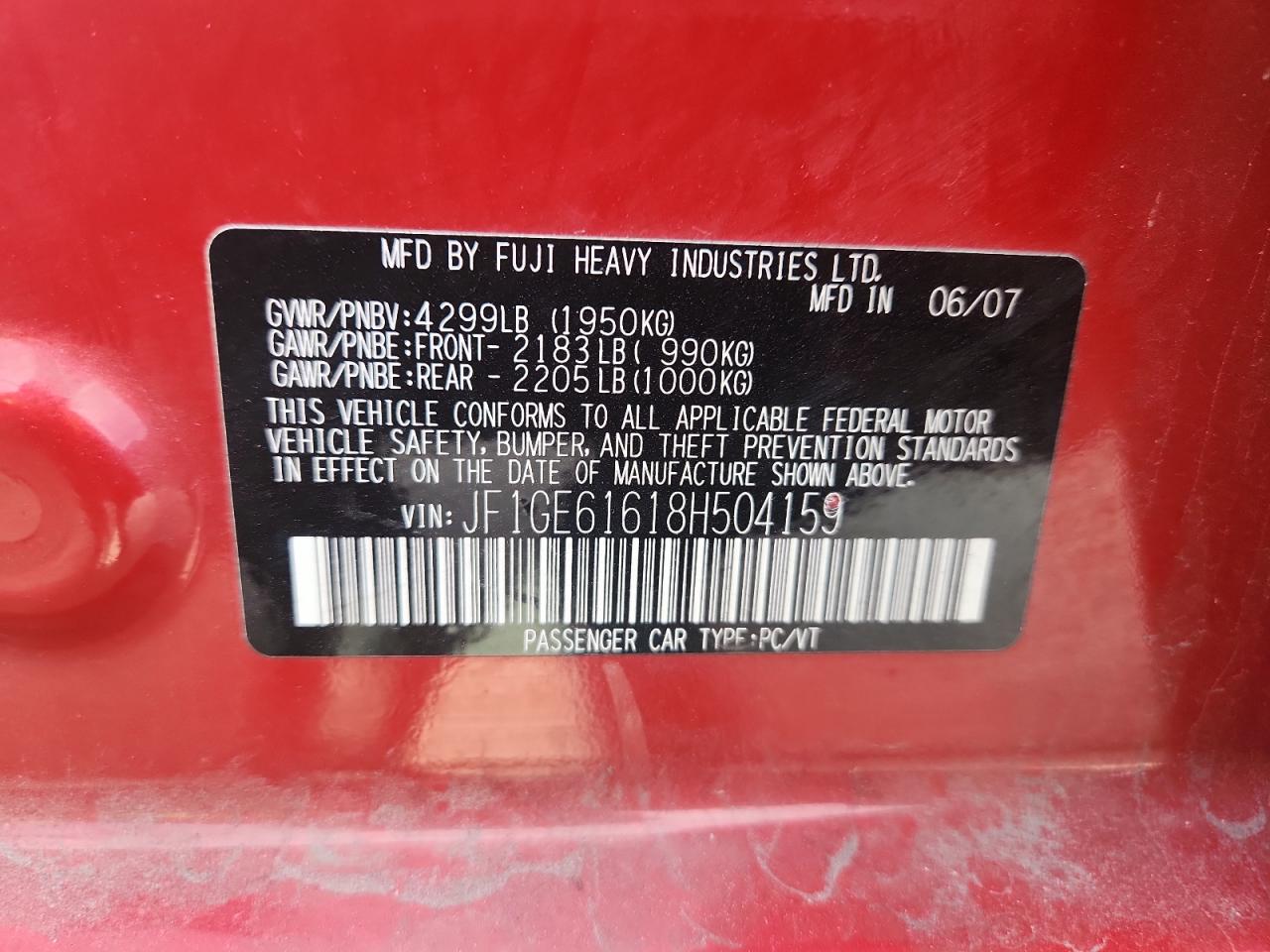 2008 Subaru Impreza 2.5I VIN: JF1GE61618H504159 Lot: 91443195