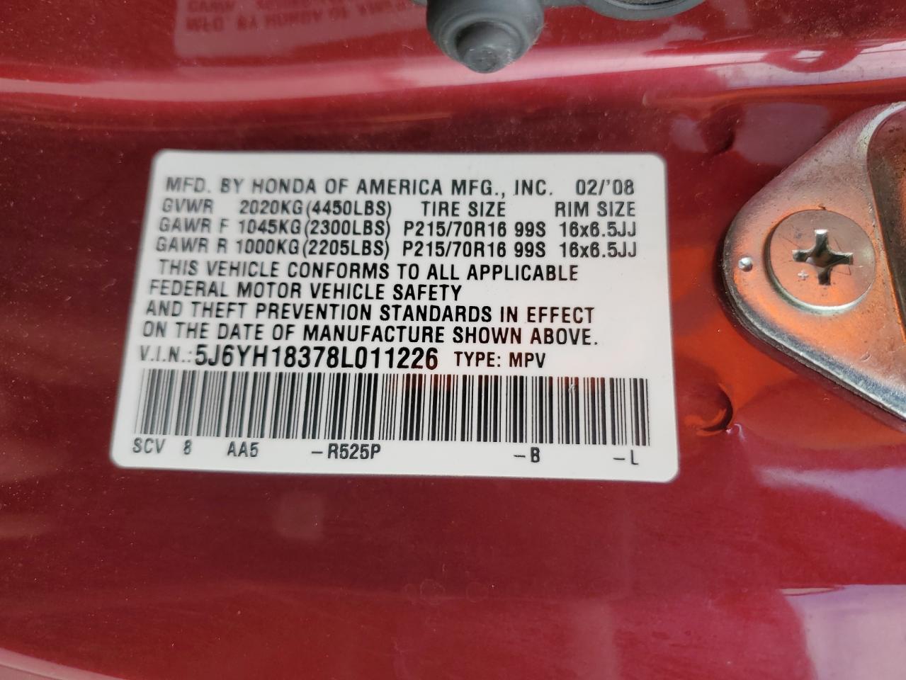2008 Honda Element Lx VIN: 5J6YH18378L011226 Lot: 92864005