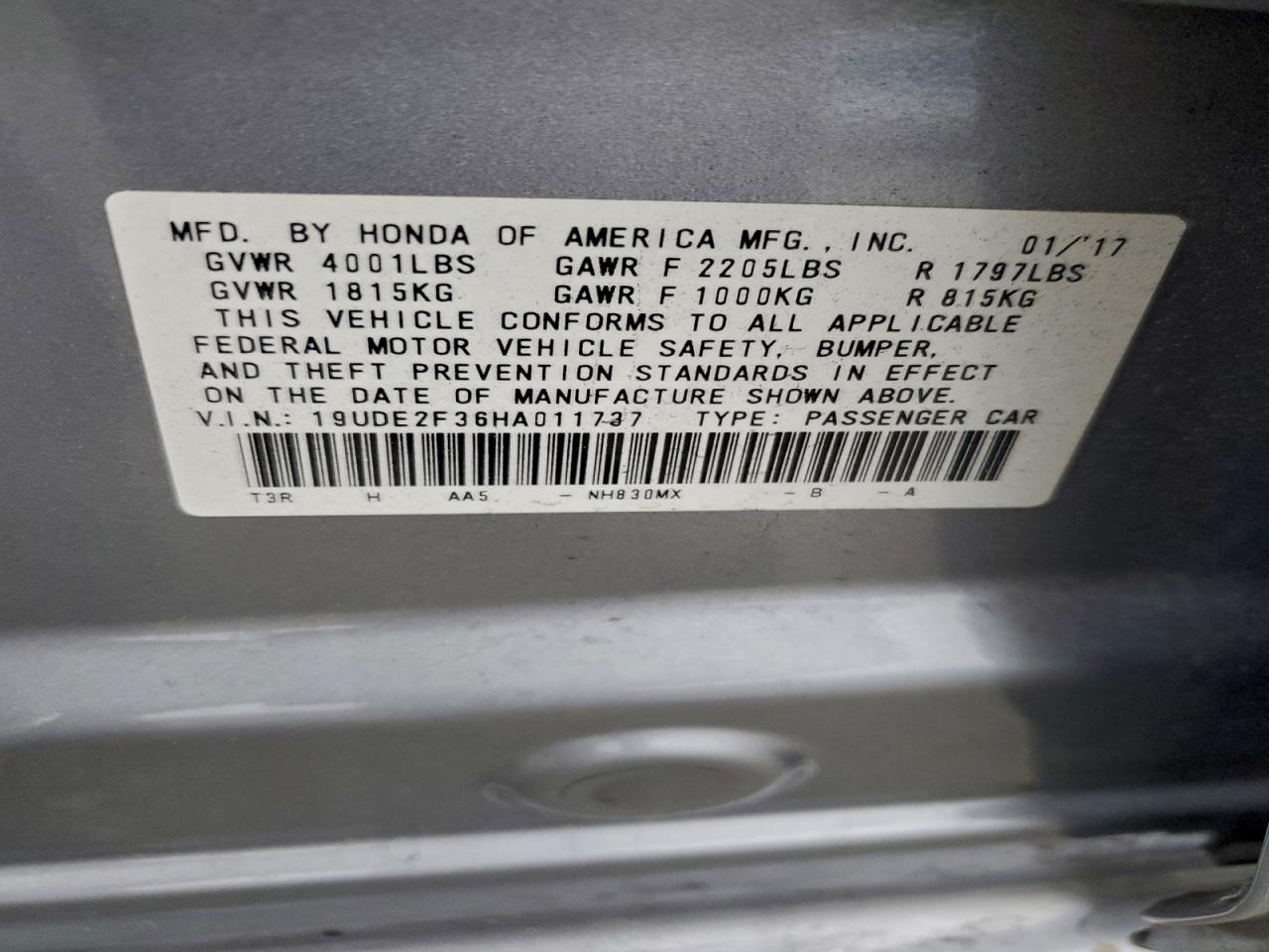 2017 Acura Ilx Base Watch Plus VIN: 19UDE2F36HA011737 Lot: 93689805