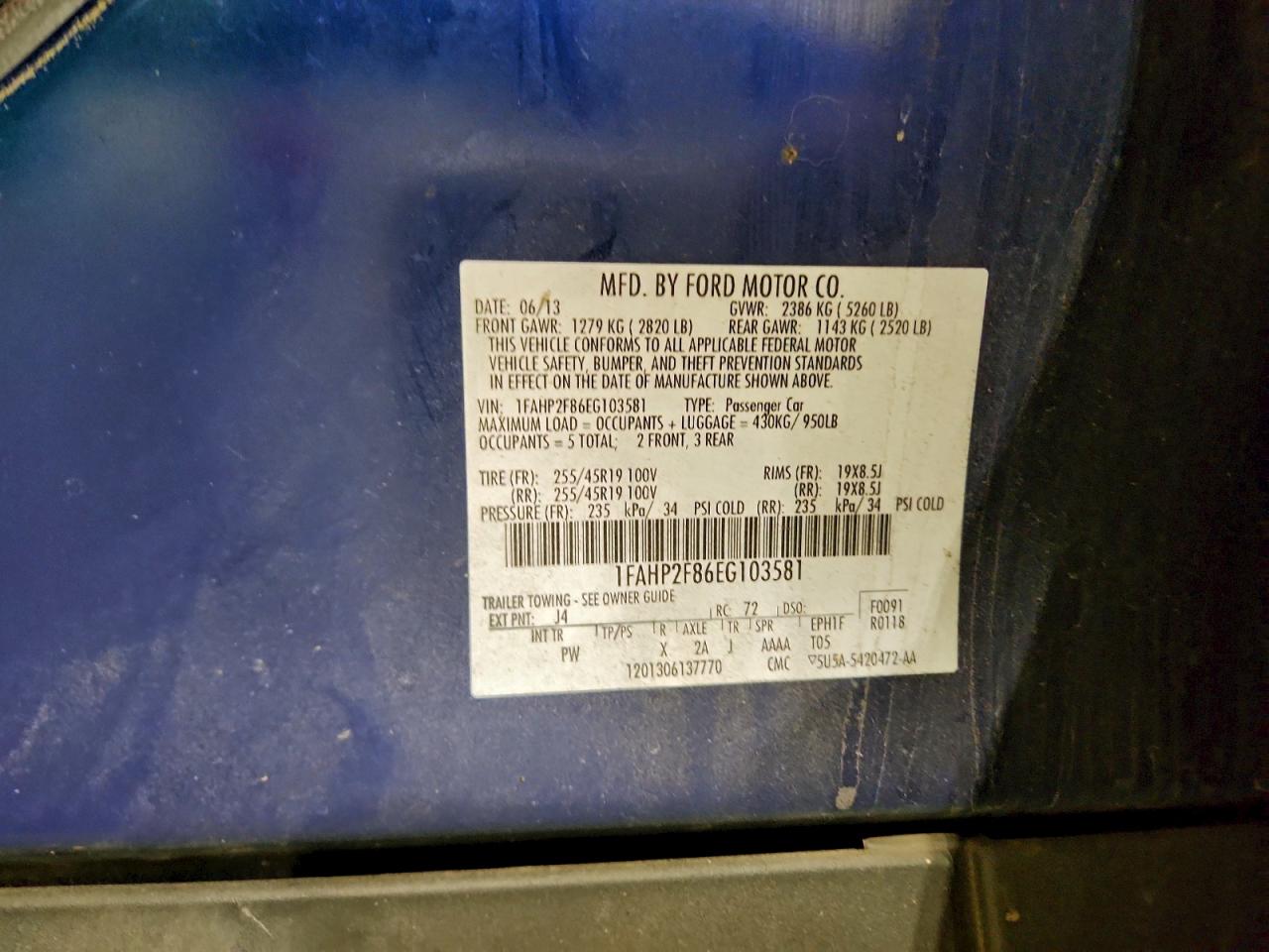 2014 Ford Taurus Limited VIN: 1FAHP2F86EG103581 Lot: 93437045