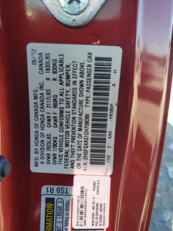2012 Honda Civic Si VIN: 2HGFG4A51CH708086 Lot: 90930475