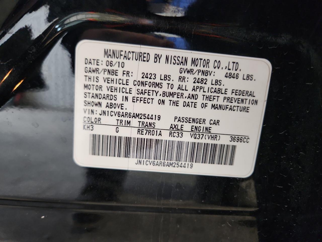 2010 Infiniti G37 VIN: JN1CV6AR6AM254419 Lot: 92637645