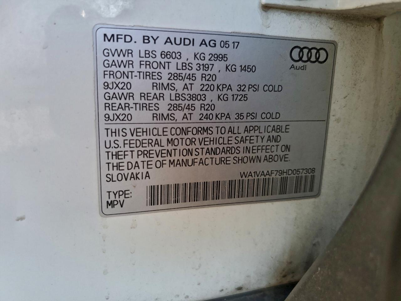 2017 Audi Q7 Prestige VIN: WA1VAAF79HD057308 Lot: 91740195