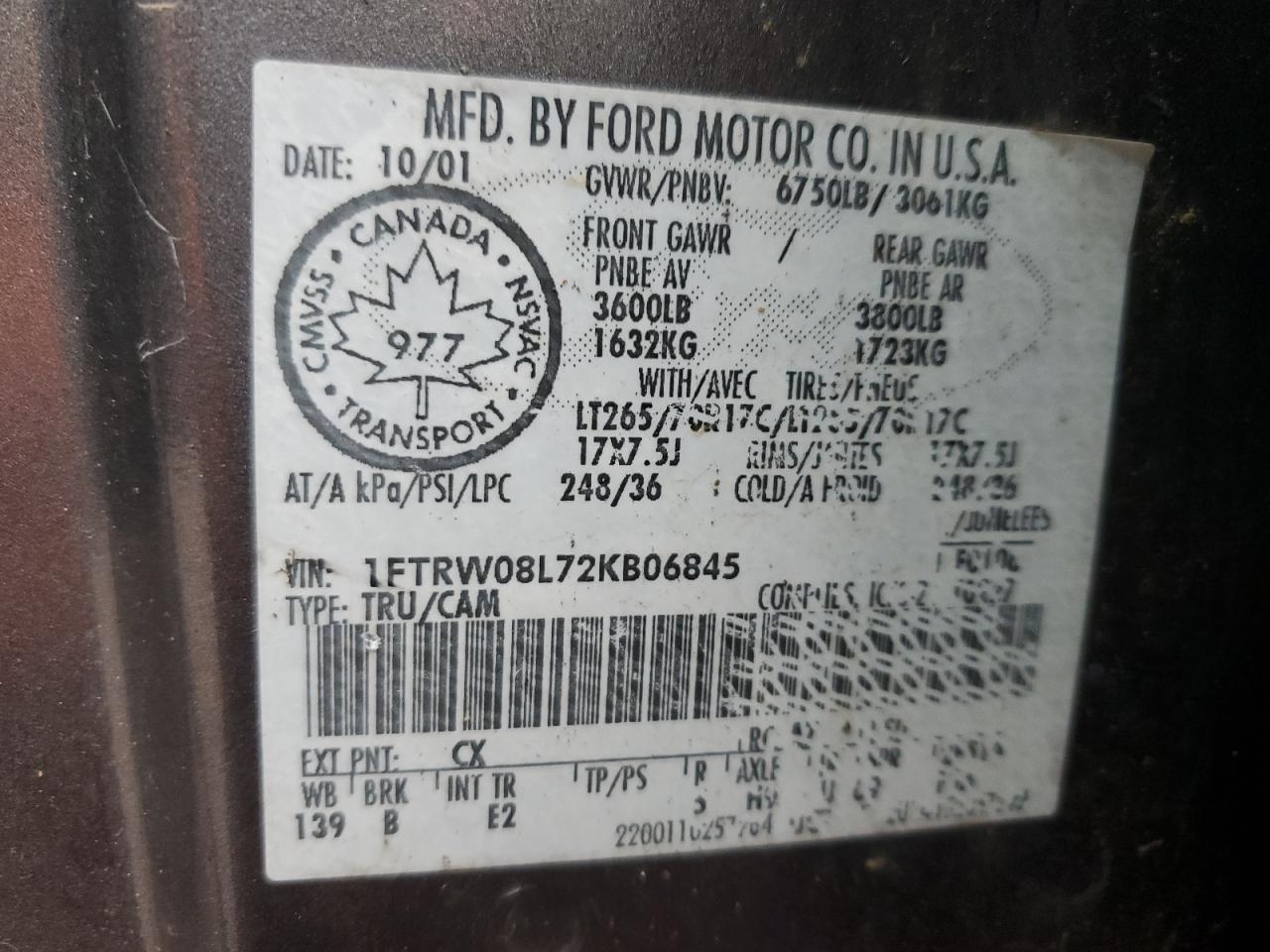 2002 Ford F150 Supercrew VIN: 1FTRW08L72KB06845 Lot: 92946985