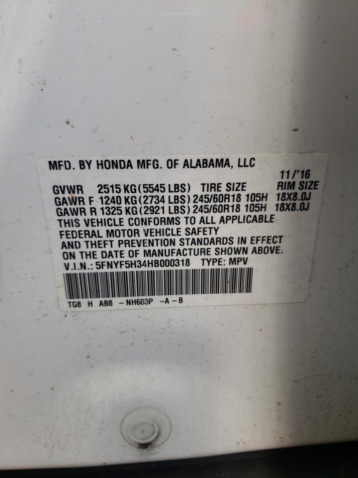 2017 Honda Pilot Ex VIN: 5FNYF5H34HB000318 Lot: 92321025