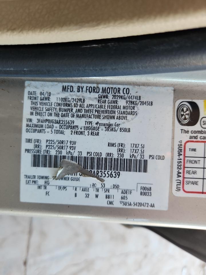 2010 Ford Fusion Sel VIN: 3FAHP0JG2AR355639 Lot: 91628805