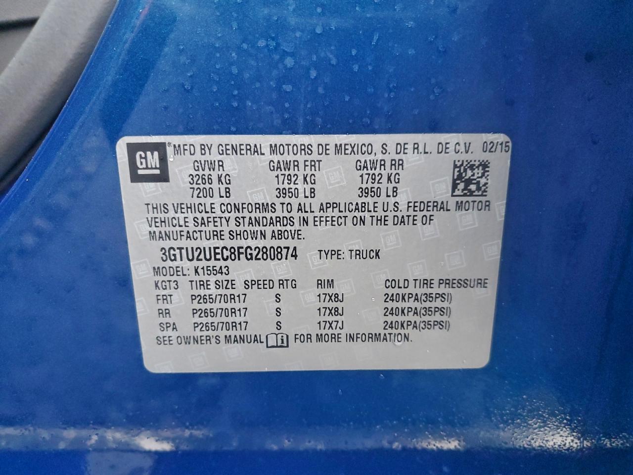 2015 GMC Sierra K1500 Sle VIN: 3GTU2UEC8FG280874 Lot: 94282615