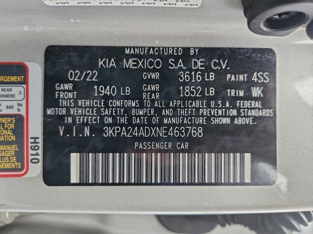 2022 Kia Rio Lx VIN: 3KPA24ADXNE463768 Lot: 94593735