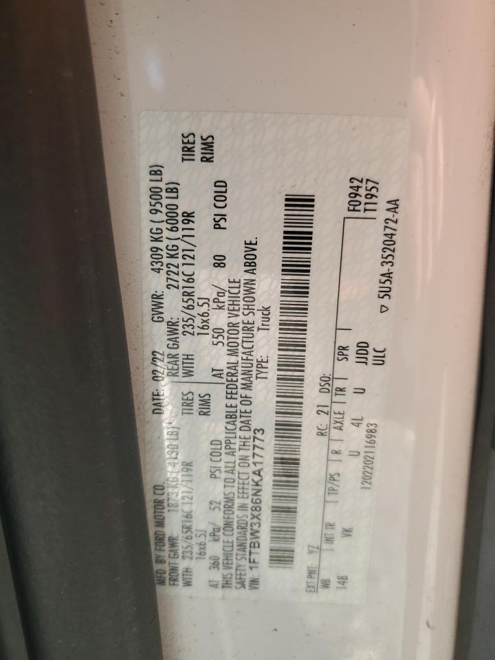 2022 Ford Transit T-350 VIN: 1FTBW3X86NKA17773 Lot: 92069785