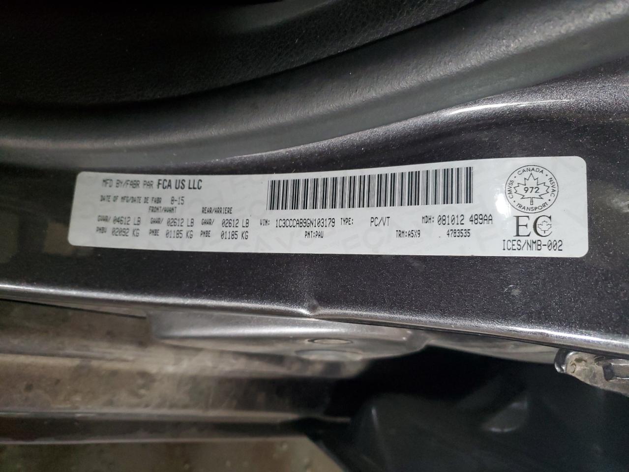 2016 Chrysler 200 Limited VIN: 1C3CCCAB9GN103179 Lot: 92111465