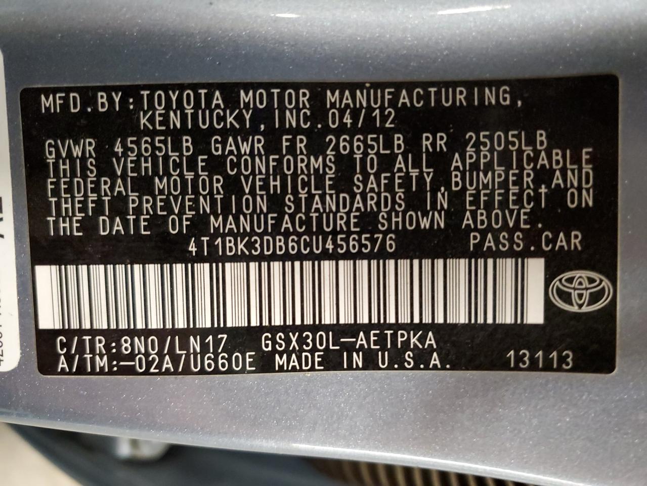 2012 Toyota Avalon Base VIN: 4T1BK3DB6CU456576 Lot: 92276985