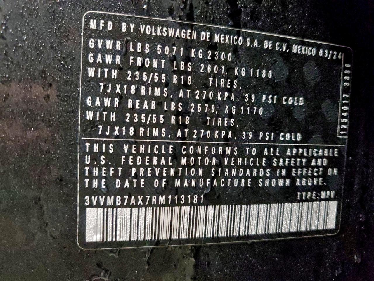 2024 Volkswagen Tiguan Se VIN: 3VVMB7AX7RM113181 Lot: 94213945