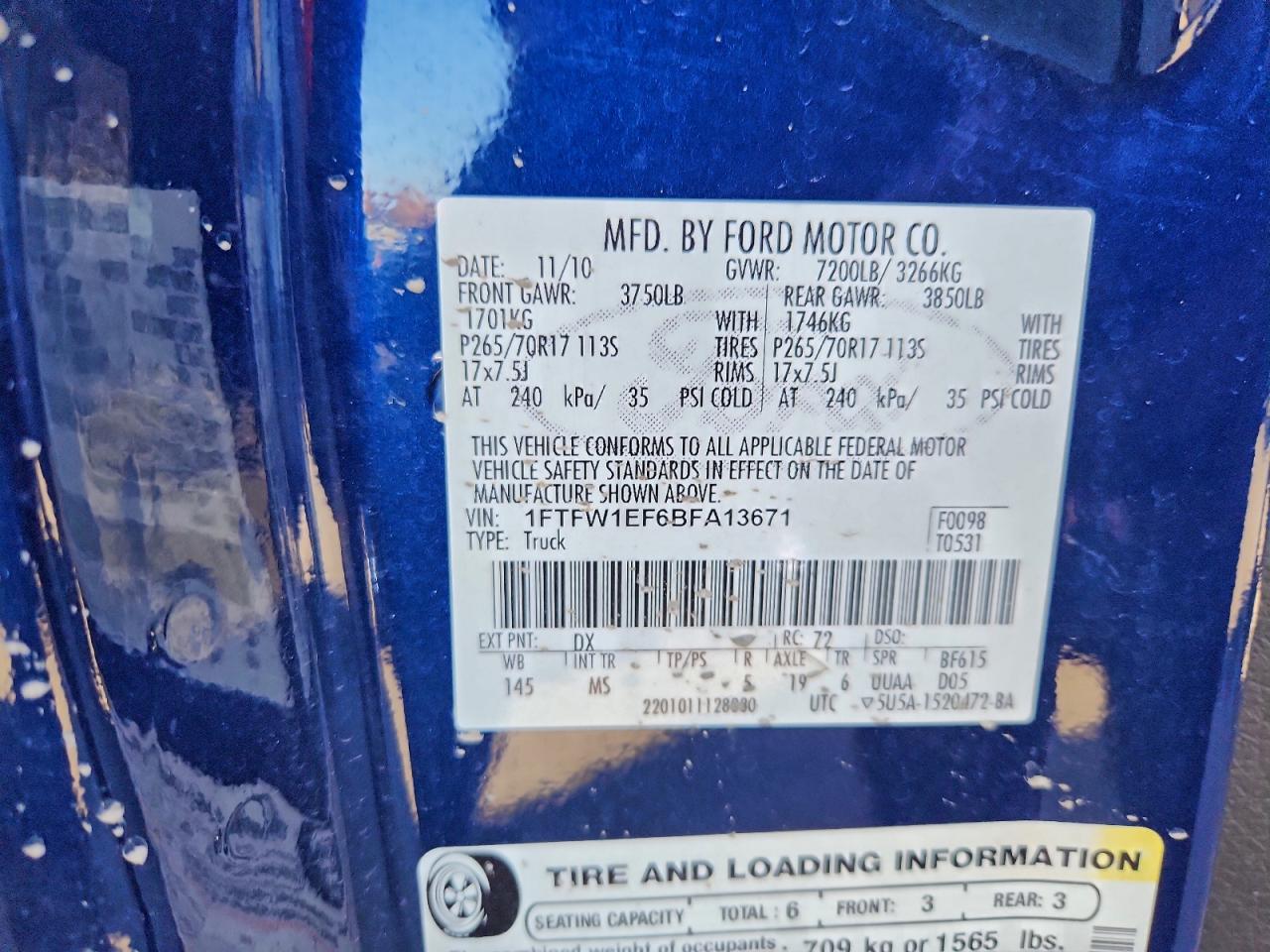 2011 Ford F150 Supercrew VIN: 1FTFW1EF6BFA13671 Lot: 93813365