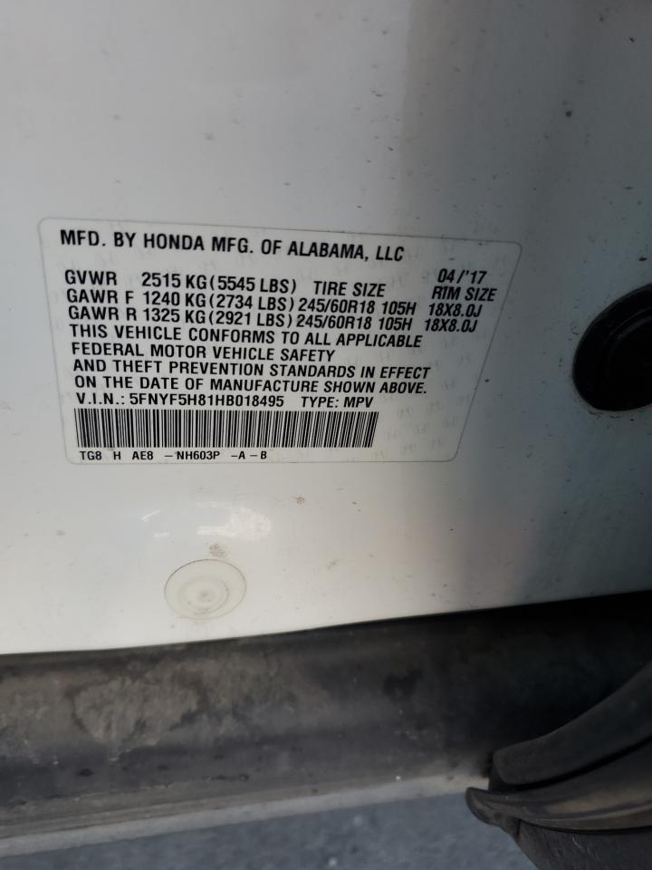 2017 Honda Pilot Exl VIN: 5FNYF5H81HB018495 Lot: 91027095